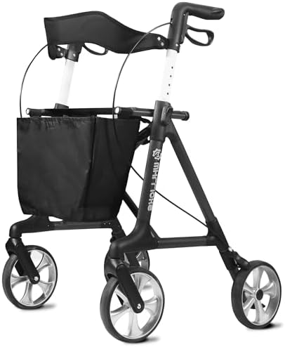Foldable Rollator Walkers with Seat for Seniors, 8'' All Terrain Big Wheels, Adjustable Handles Height, 330 lbs Weight Capacity, Lightweight Rolling Walker, Black - Ideal for Daily Errands