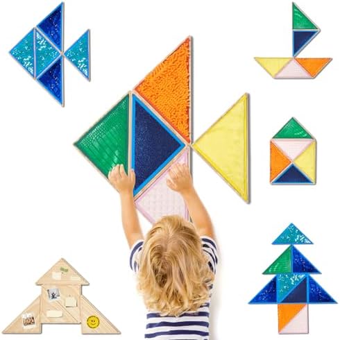 10 Pieces Wooden Sensory Wall Panel|Kids Triangle Wall Sensory Board with 5 Pieces Sequin Flip Fabric & 5 Pieces Replaceable Textured Mats|Sensory Tiles Decal,Sensory Room Must Haves