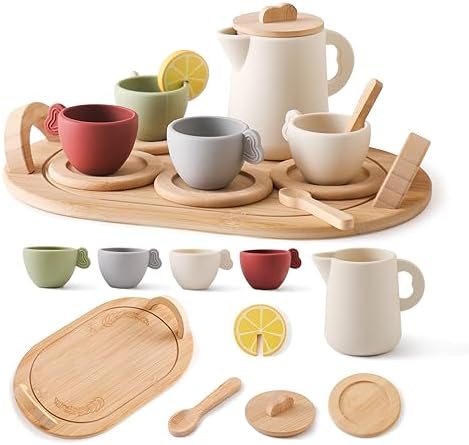 Wooden Tea Party Set for Little Girls 14pcs Toddler Tea Set with Silic