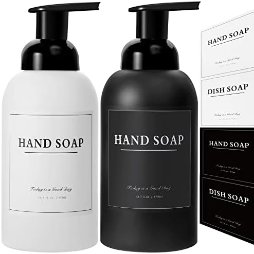 rejomiik 2 Pack Foaming Soap Dispenser Thick Glass Foam Hand Soap Dispenser for Bathroom or Kitchen Sink, 13 oz Pump Bottles for Hand soap, Body Wash, Matte Black and White