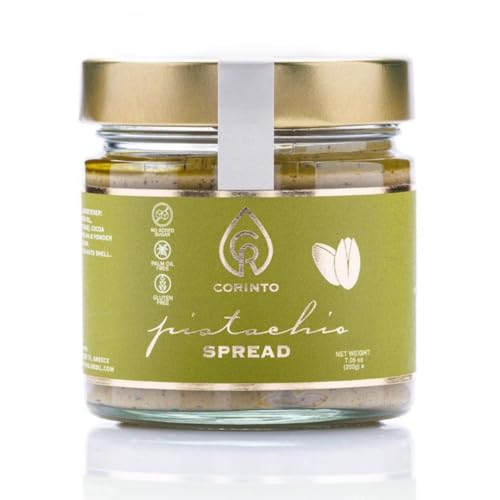CORINTO Pistachio Cream Spread - Nutty & Rich Pistachio Cream with 30% Greek Pistachios - Palm Oil Free Pistachio Paste for Bread, Pastries & More - Gluten Free Creme - Dessert Spread 7.05oz