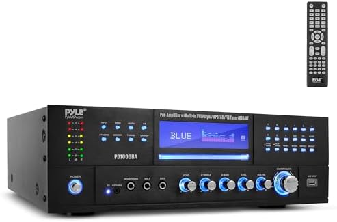 Pyle 4-Channel Wireless Bluetooth Power Amplifier - 1000W Stereo Speaker Home Audio Receiver w/FM Radio, USB, Headphone, 2 Microphone w/Echo, Front Loading CD DVD Player, LED, Rack Mount, Black