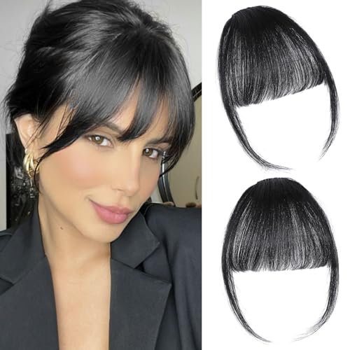 Clip in Bangs 100% Real Human Hair Extensions Wispy Natural Black Fake Bangs Hair Clip on bangs for women Fringe with Temples Hairpieces Faux Bangs for Daily Wear