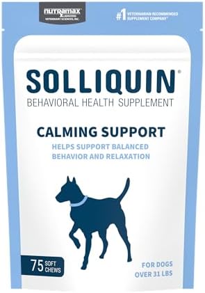 Nutramax Solliquin Calming Behavioral Health Supplement for Large Dogs - with L-Theanine, Magnolia/Phellodendron, and Whey Protein Concentrate, 75 Soft Chews