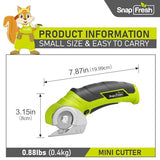 SnapFresh Cordless Electric Cutter (7.87x3.15in, 0.87lb), Stainless Steel Rotary Blade, Versatile Packaging & Carpet Cutter, Self-Sharpening, Safety Start, Replacement Blade Included