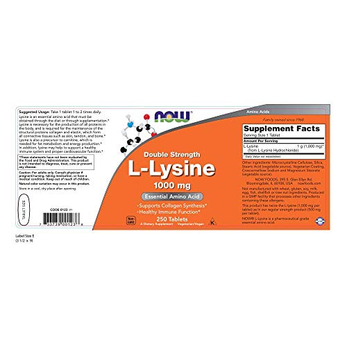 NOW Supplements, L-Lysine (L-Lysine Hydrochloride) 1,000 mg, Double Strength, Amino Acid, 250 Tablets