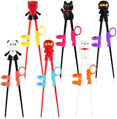 Nuanchu 6 Pairs Training Chopsticks for Beginners, Cute Tableware Reusable Learning Chopsticks for Kids Adults with Attachable Learning Helper, Right or Left Handed, Panda, Ninja and Cat