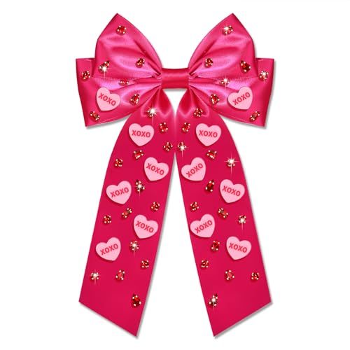 Boderier Valentines Day Hair Bows for Women Girls Conversation Candy Heart Hair Bow Clips Jeweled XOXO Hair Bows Valentines Day Gifts for Her Hot Pink XOXO Heart