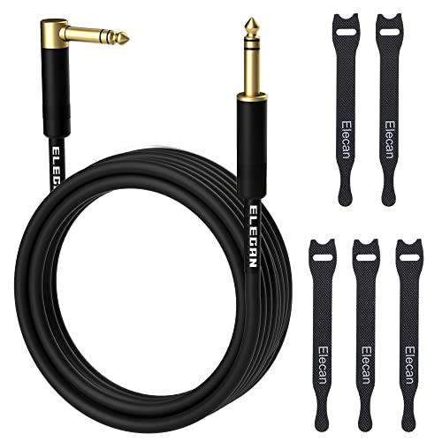 Elecan 1/4 Inch TRS Instrument Cable 35 Ft- Right Angle to Straight 6.35mm Male Jack Stereo Audio Interconnect Cord- Gold Plated- 90 Degree 6.35 mm Balanced Line for Electric Guitar Bass+ 5 Ties