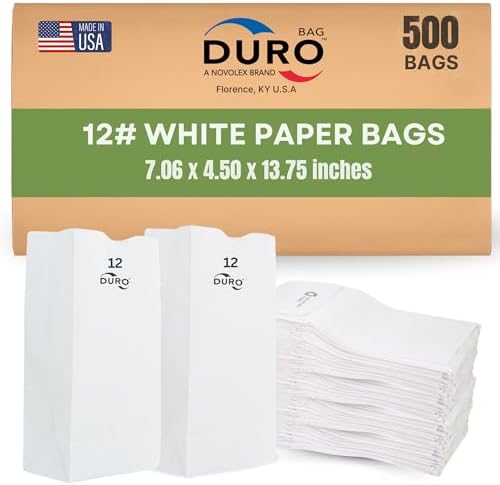 DURO 12# White Paper Lunch Bags 500 Count, Bulk Disposable SOS Paper Bags for Bread, Bagel, Deli & Restaurant Takeout or Delivery - 7.06 x 4.50 x 13.75 Inches