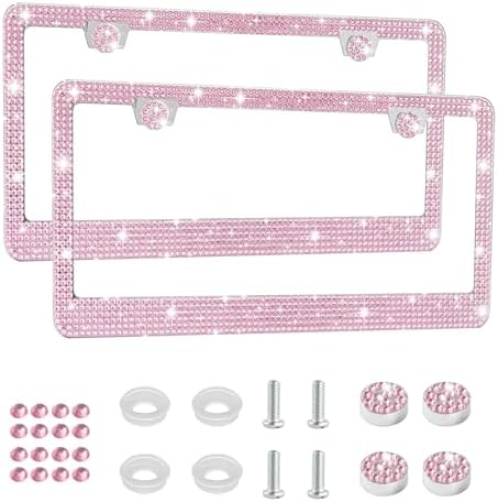 Amiss Bling License Plate Frame for Women, 2Pack Rhinestone Handcrafted Crystal Premium Stainless Steel, Stainless Steel Car Accessories with Diamond Sparkle Glitter Caps (Pink)