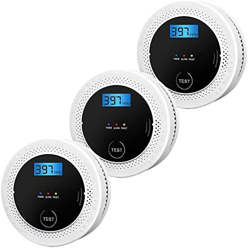 3 Pack Smoke and Carbon Monoxide detectors Powered by Batteries, with Digital Display, Smoke and Carbon Dioxide Dual Alarm sensors, Easy to Install Black