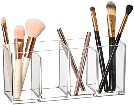 Amazing Abby - Glamour - Acrylic 4-Compartment Makeup Organizer, Transparent Plastic Makeup Brush Holder, Perfect Bathroom Vanity Storage Solution for Makeup Brushes, Eyebrow Pencils, and More
