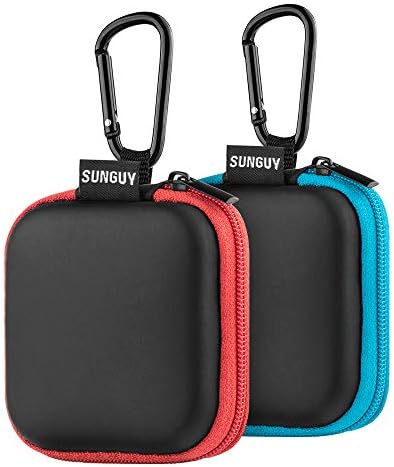 SUNGUY [2-Pack] Earbud Case, Portable Square Earphone Carrying Cases with 2 Carabiners for Earphones, Earbuds, Earpieces, SD Memory Card, Camera Chips - Red+ Blue