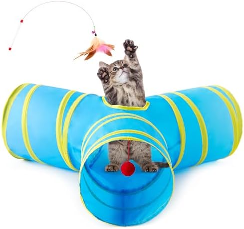 Love's cabin Cat Tunnel Tube Cat Toys 3 Way Collapsible, Cat Tunnels for Indoor Cats，Kitten Tunnel Bored Pet Cat Play Tunnel with Peek Hole Toy Ball for Cat, Kitty, Kitten, Rabbit, Puppy Blue&Yellow