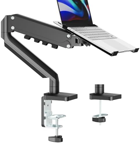 2-in-1 Gas Spring Laptop Arm for 12"-17" Notebook/13-32 Monitor Screen, Full Motion Adjustable Laptop Desk Mount with Tray, Holds 3.3-17.6lbs, Clamp-on and Grommet Base