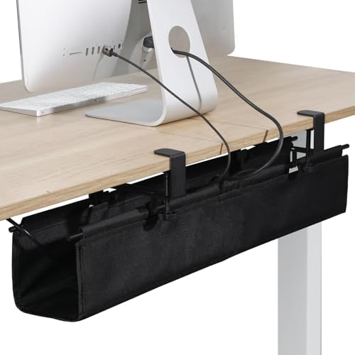 Under Desk Cable Management Tray 27.5" - Clamp on Wire and Cable Organizer for Storage and to Hide Cords - Ideal for Home Office - Premium Black Fabric Design