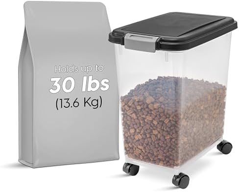 IRIS USA Airtight Dog Food Storage Container, Up to 30 lbs, Attachable Wheels, for Dog Cat Bird and other Pet Food Storage Bin, Keep Fresh, Easy Mobility, BPA Free, Black