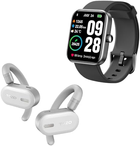 TOZO O2 Lightweight True Open Ear Wireless Earbuds White S2 44mm Smart Watch Black