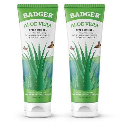 Badger Aloe Vera Gel for Sunburn Relief, Fair Trade & Organic After Sun Care, Pure Cooling Soothing Aloe Vera Gel for Face & Skin, Hypoallergenic & Unscented, 4 fl oz (2 Pack)