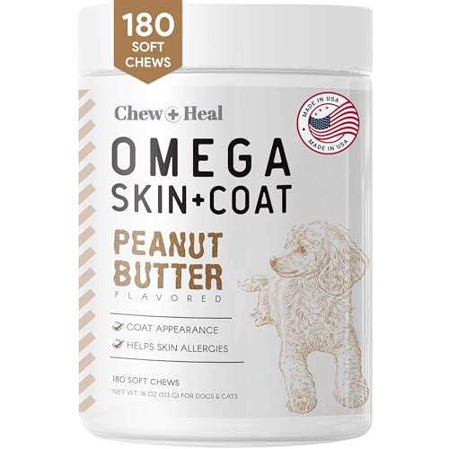 Omega for Dogs - 180 Delicious Soft Chews - Salmon Oil Treats for Skin and Coat, Itch Relief - Fish Oil Blend of Essential Fatty Acids, Omega 3, 6, and 9, and Vitamins - Peanut Butter Flavor