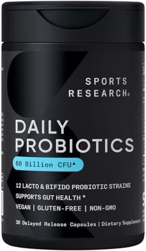 Sports Research Daily Probiotics with Prebiotics, 60 Billion CFU - Vegan Capsules for Gut Health & Digestive Support, Probiotics for Women & Men - Non-GMO Verified & Gluten Free - 30 Count