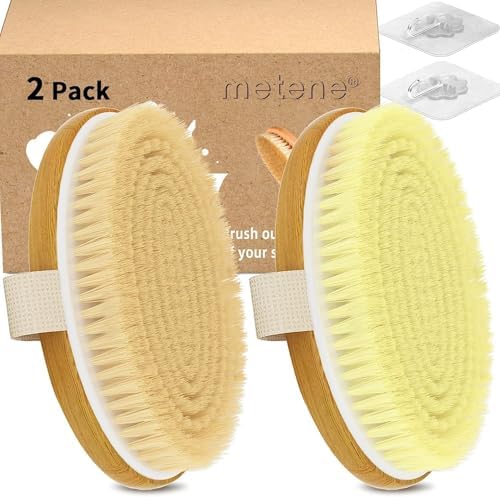 Metene 2 Pack Dry Body Brushes, Exfoliating Body Scrubbers, Natural Bristles for Dry Skin, Improve Circulation, Stop Ingrown Hairs, Reduce Acne and Cellulite (G7130)