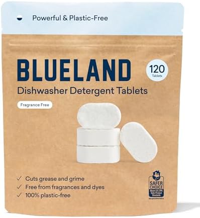 BLUELAND Plastic-Free Dishwasher Detergent Tablets, 120 Count, Unscented