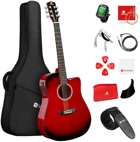 Vangoa Electric Acoustic Guitar Kit for Beginners Adults 41 inch Full Size Cutaway Electric Acoustic Guitar Bundle Set with Built-in Pickups Bag Tuner Strap Capo Picks Cable, Glossy Red