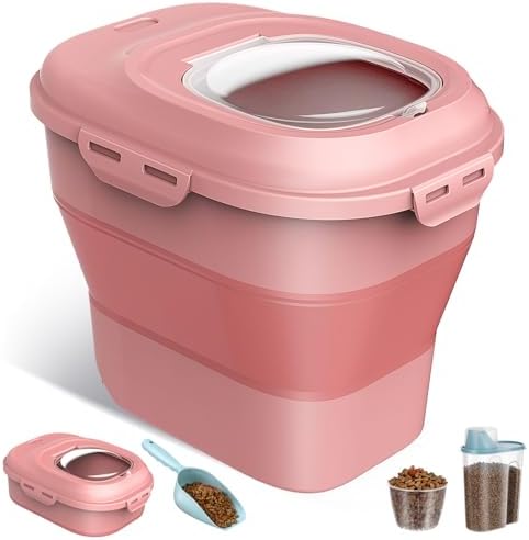 ANVS Dog Food Storage Container - Collapsible Dog Food Container with Airtight Lids, Scoop and 2.5L Small Pet Food Storage Container Dry Food For Dog, Cat and Other Pet Food (Pink, 30 lbs)