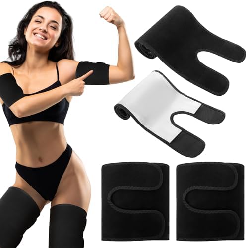 4 Pcs Thigh Wraps & Arm Trimmers Set Thigh and Arm Sweat Bands Slimmer Hamstring Brace Leg Wrap Compression for Weight Loss Women & Men Workout Fitness Sauna Accessories Black