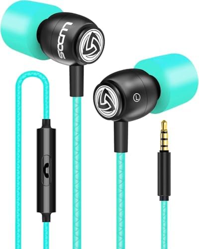 LUDOS Clamor Wired Earbuds in-Ear Headphones, 5 Years Warranty, Earphones with Mic, Noise Isolating Ear Buds, Memory Foam for iPhone, Samsung, School Students, Kids, Women, Small Ears - Turquoise