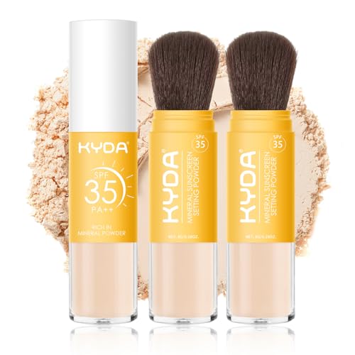 KYDA 2 Pcs Mineral Sunscreen Setting Powder, SPF 35, Medium, Mineral Brush Powder, Oil Control Natural Matte Finish, Lasting Lightweight Breathable, for All Skin