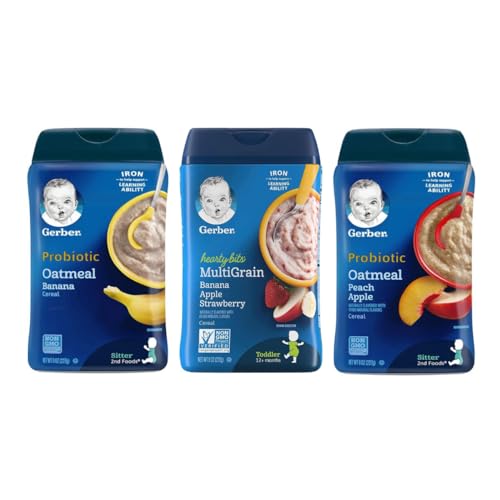 Gerber Probiotic Cereals (Variety Pack) 1 Hearty Bits Multigrain, 1 Probiotic Oatmeal Banana, 1 Probiotic Peach Apple, 3 Count