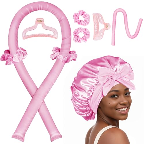 Heatless Hair Curler,Blowout Heatless Curls Overnight,No Heat Curling Rod Set with Silk Bonnet for Sleep in,PInk