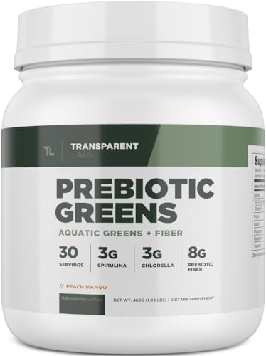 Transparent Labs Prebiotic Greens - Greens Superfood Powder & Antioxidants Supplement with Organic Spirulina, Organic Chloerra, Organic Acacia Powder, & Green Banana Powder - 30 Servings, Peach Mango