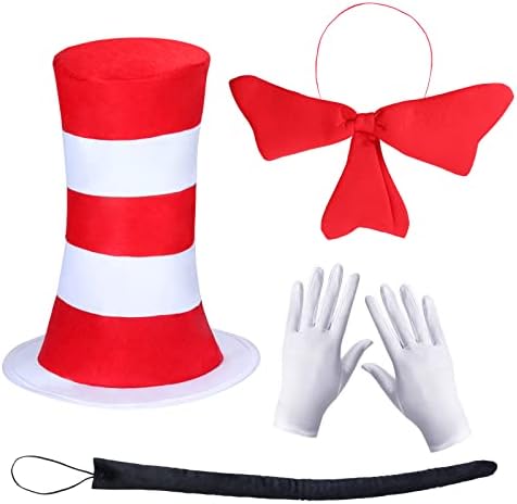Accessories for Cat Costume Kit Kids Red And White Striped Stovepipe Hat Gloves Bow Tie Long Tail For Halloween Props