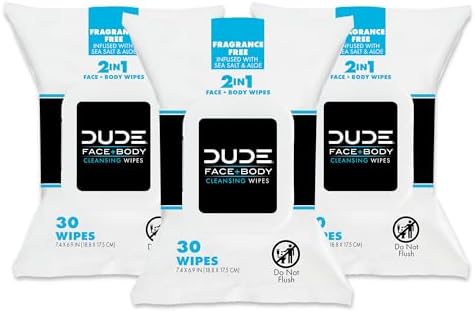 DUDE Wipes - Face and Body Wipes - 3 Pack, 90 Wipes - Unscented Wipes with Sea Salt & Aloe - 2-in-1 Body & Face Wipes - Alcohol Free and Hypoallergenic Cleansing Wipes