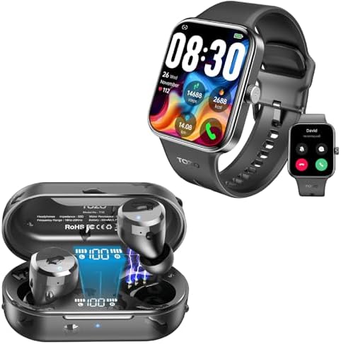 TOZO S4 AcuFit One Smartwatch 1.78-inch Bluetooth Talk Dial Fitness Tracker Black + T12 Wireless in-Ear Bluetooth 5.3 Headset Black