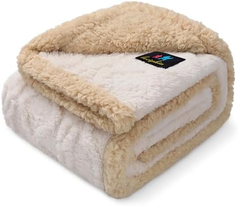 Waterproof Pet Blanket, Liquid Pee Proof Dog Blankets for Sofa Bed Couch, Reversible Sherpa Fleece Furniture Protector Cover for Small Medium Large Dogs Cats,Beige-Thicken Large（65" x 57"）