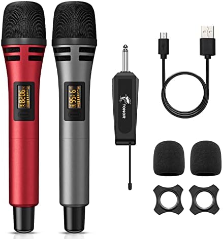 TONOR Wireless Microphones, UHF Dual Karaoke Microphone System, Microfonos Inalambricos with Rechargeable Receiver, Cordless Dynamic Mic Micro Set for Singing, Wedding, DJ, Party, Speech TW320 Red