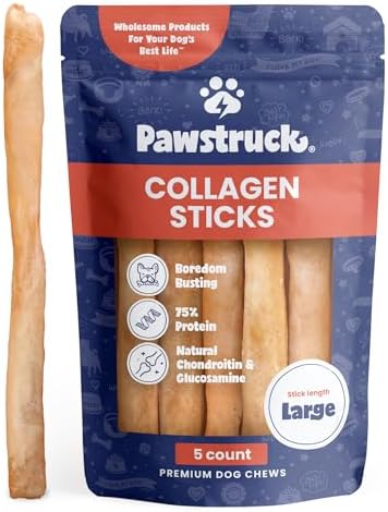 Pawstruck Natural Large 12" Beef Collagen Sticks for Dogs – Long-Lasting Rawhide Alternative, High Protein Treats with Chondroitin & Glucosamine – 5 Pack