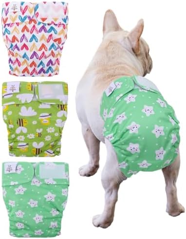CuteBone Washable Dog Diapers Female No Tail Hole 3 Pack Reusable Doggie Period Training Pants for Docked-Tail Frenchie French Bulldog Boston Terrier Without Tail WWD14S