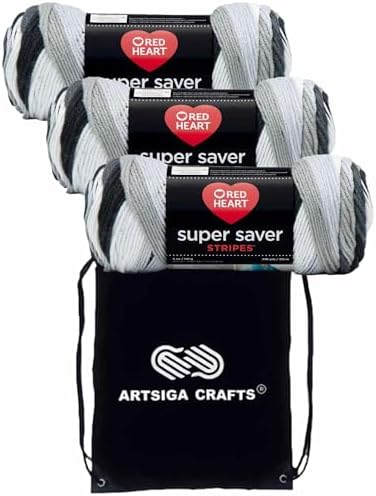 Red Heart Super Saver Newspaper Stripe E300-4153 (3-Skeins - Same Dye Lot) Worsted Medium #4 Acrylic Yarn for Crocheting and Knitting with Project Bag