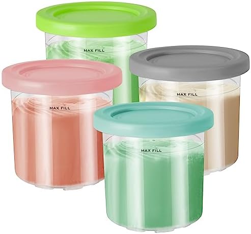 4 Pack Ice Cream Pint Containers, Replacement for Ninja Creami Pints and Lids, Compatible with NC299AMZ & NC300s Series Creami Ice Cream Makers, BPA Free, Dishwasher Safe, Grey/Pink/Green/Lake Blue
