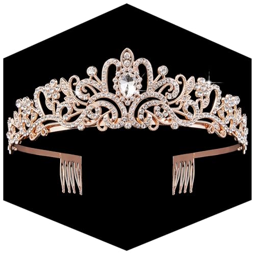 Rose Gold Crown for Women Crystal Princess Tiaras Rhinestone Queen Crowns Wedding Bridal Hair Accessories Birthday Prom Pageant Party Coming of Age Ceremony Photo Props (Rose Gold1)