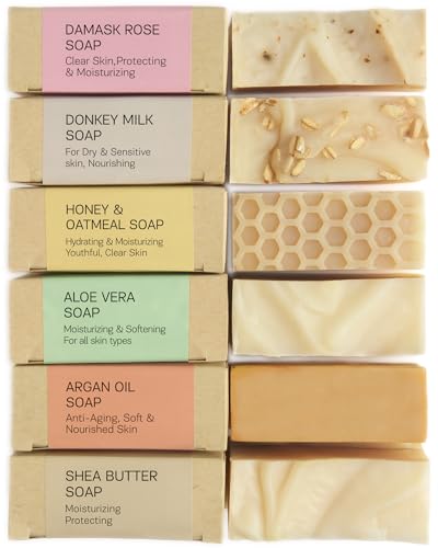 AUTHENTIC BATH & SOAP Bar Soap for Dry Skin – Moisturizing Natural Handmade (Organic Honey and Oatmeal, Rose Oil, Shea butter, Aloe vera, Argan oil, Donkey milk Soap Bar Set) from (6PK)