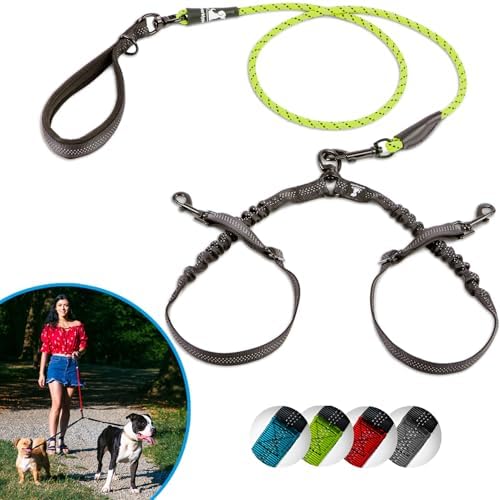 SparklyPets Dual Dog Leash for 2 Small Dogs – Tangle Free Rope Bungee Double Leash for Two Small Breeds with Adjustable Couplers & Soft Handle (Green, Small)