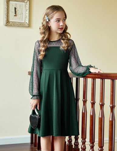 Arshiner Girl's Sheer Mesh Lantern Long Sleeve Green Christmas High Waist Elegant Party Short Dress 11-12 Years