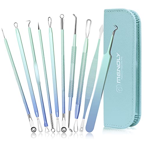 Pimple Popper Tool Kit, MENOLY 10Pcs Blackhead Remover Extractor Tools, Acne Kit for Blackhead,Blemish,Zit Removing, Whitehead Popping and Comedone Extractor Tool with Leather Bag